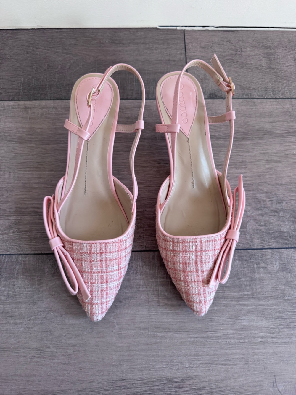 Coutgo Pink Tweed Pointed Slingback Heels with Bow Detail